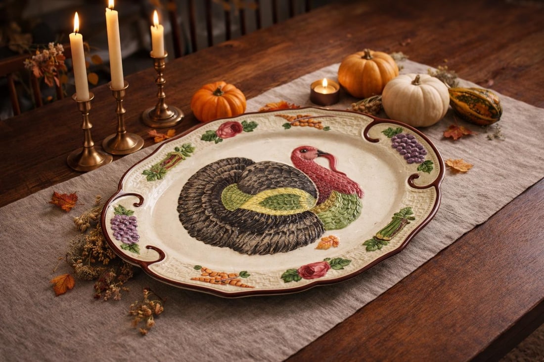 Vintage California Hand-Painted Turkey Platter – 18" Harvest Serving Tray - 4