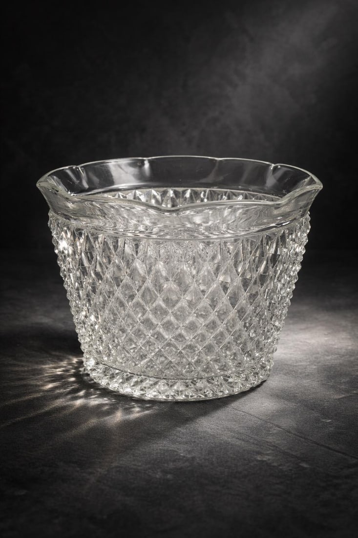 Vintage Pressed Glass Ice Bucket / Diamond Cut Catchall Bowl – 6.5" Hobstar Pattern - 2