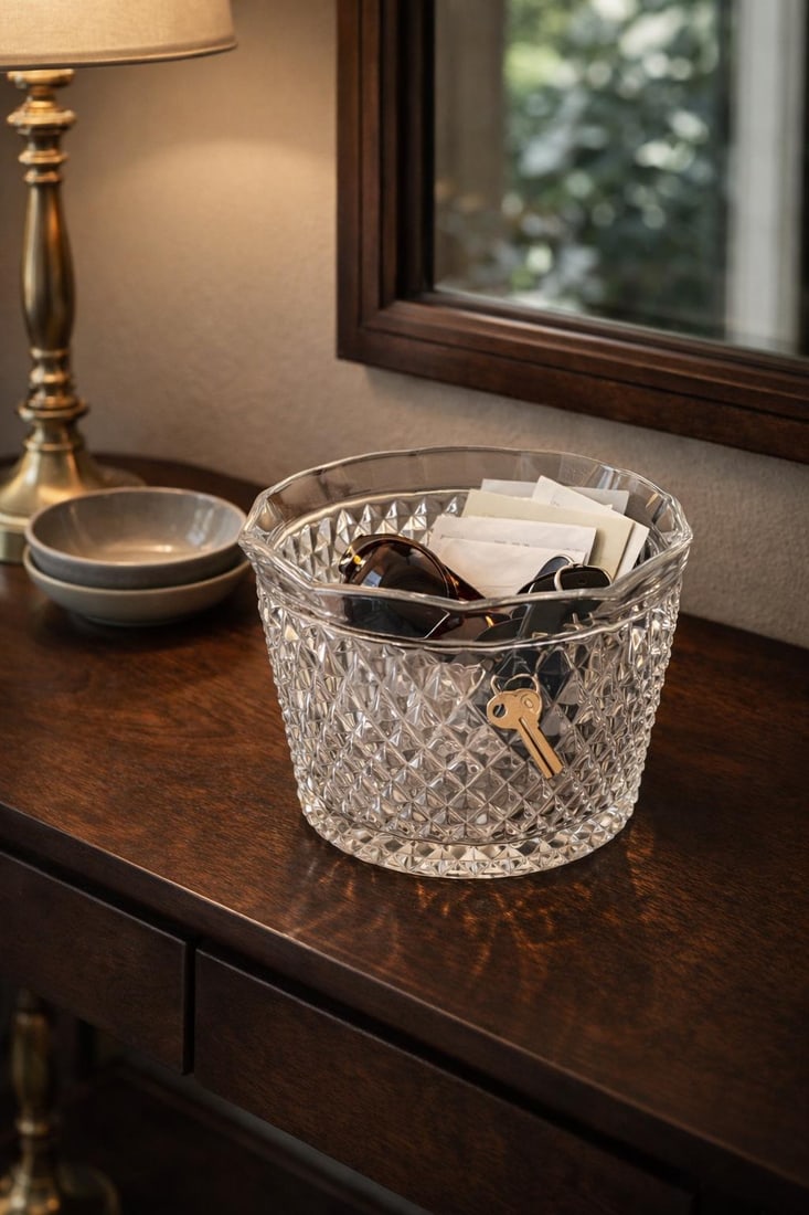 Vintage Pressed Glass Ice Bucket / Diamond Cut Catchall Bowl – 6.5" Hobstar Pattern - 6