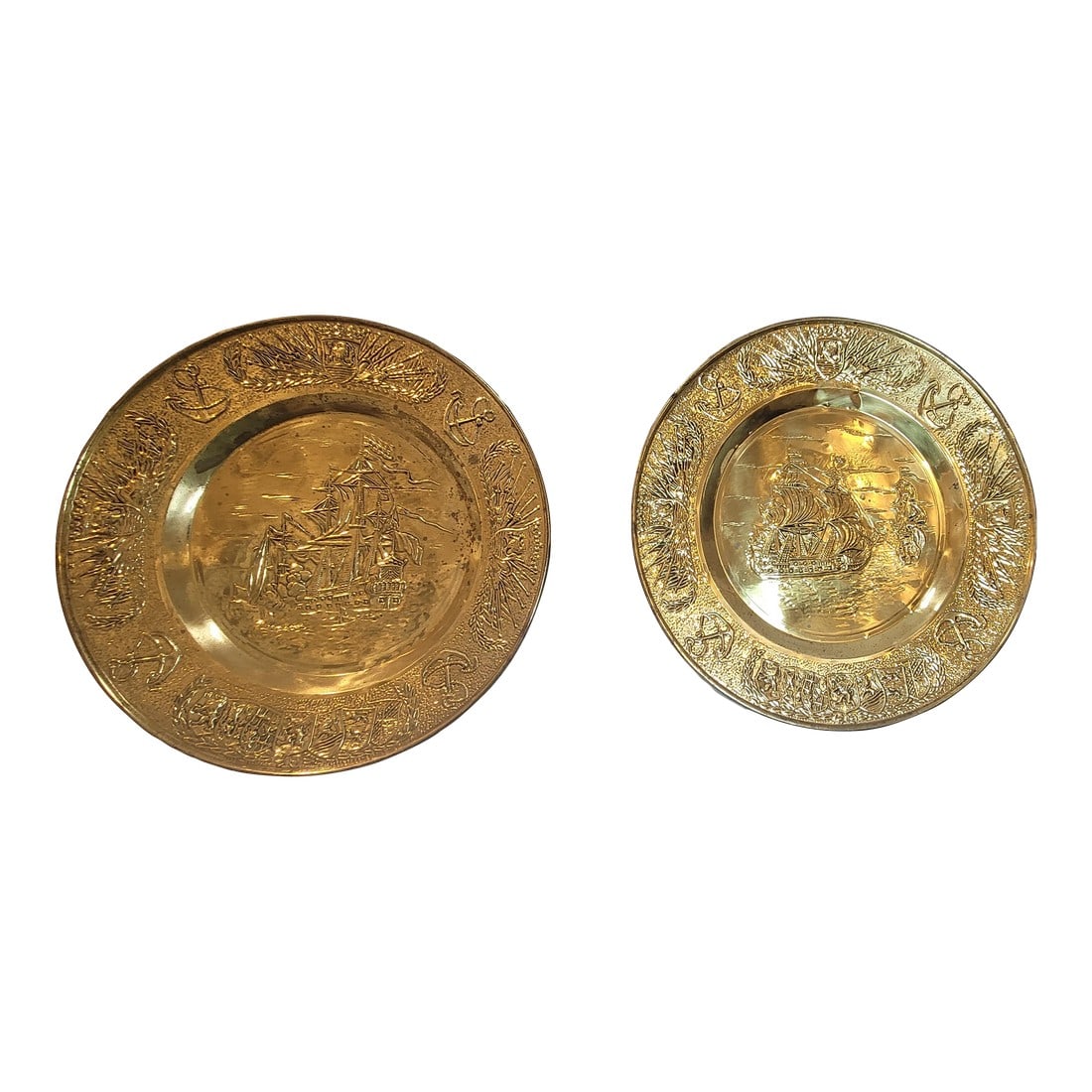 Large Mid 20th Century English Repoussé Brass Nautical Wall Plaques - Pair (1 of 6)