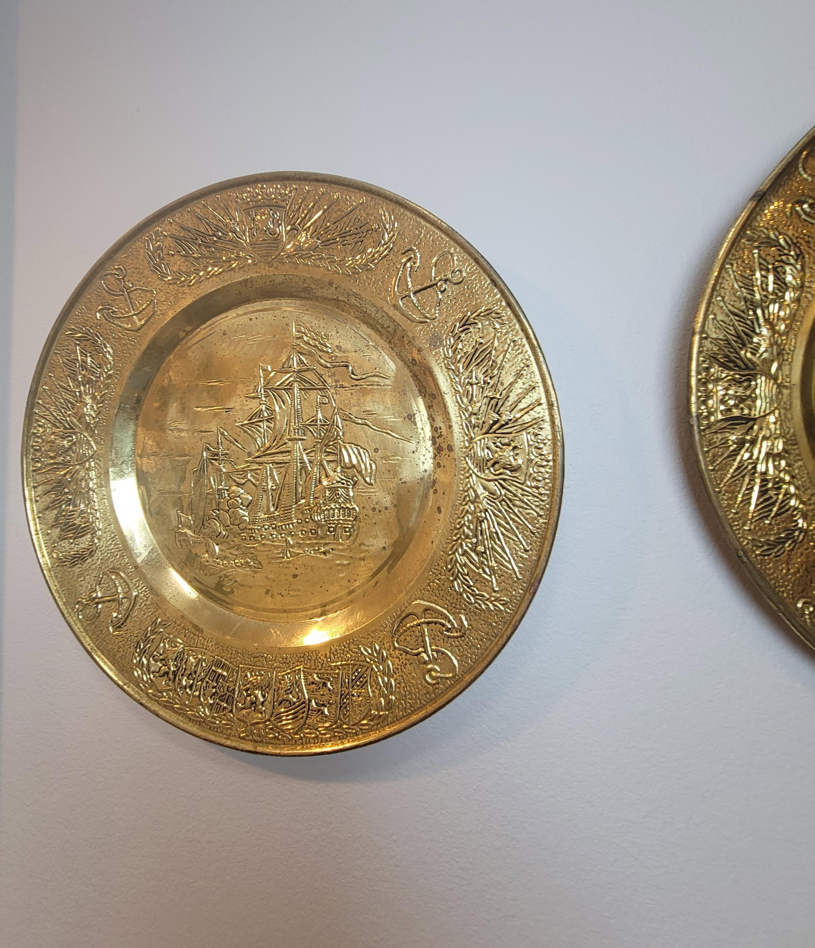 Large Mid 20th Century English Repoussé Brass Nautical Wall Plaques - Pair - 2