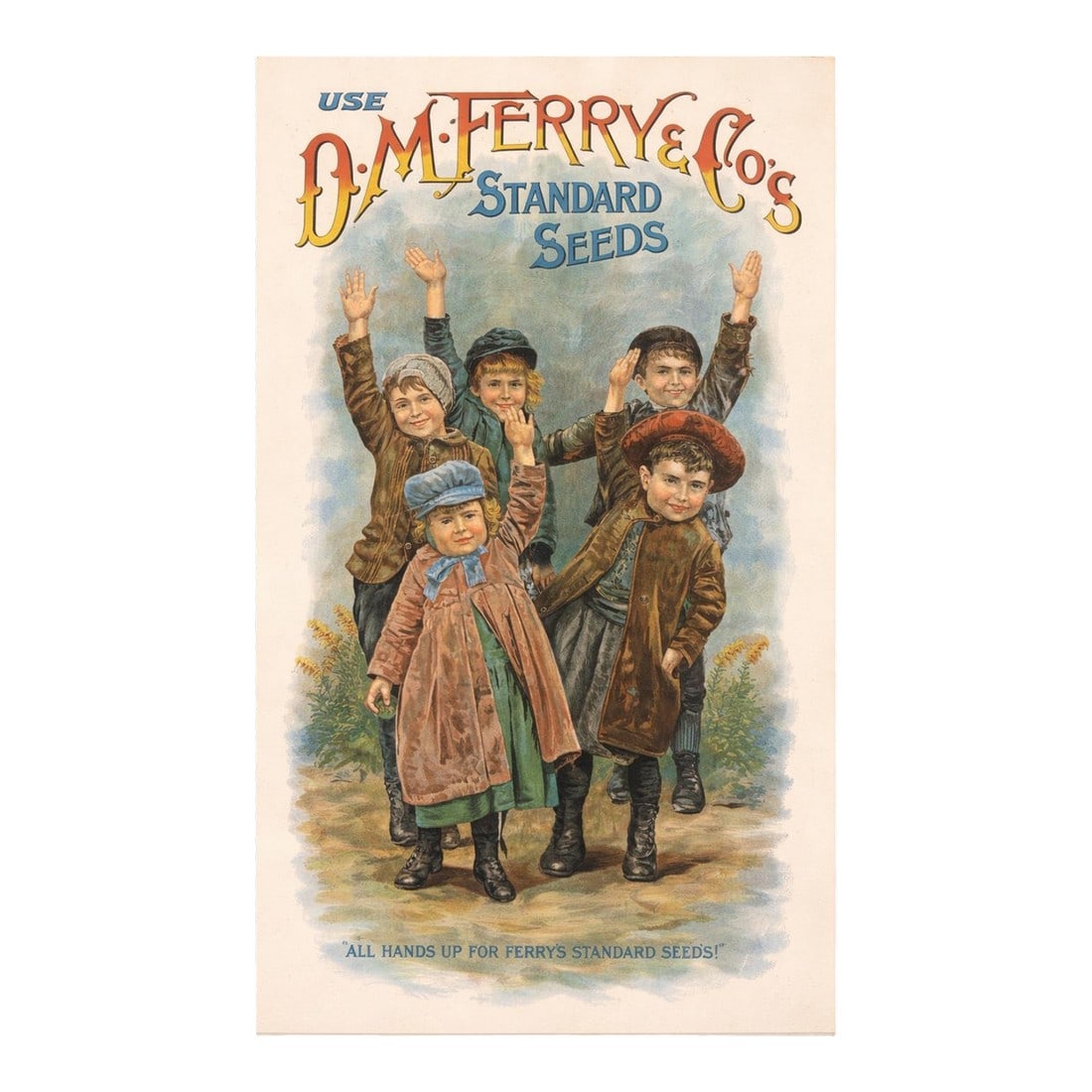 Vintage-Style d.m. Ferry & Co. "All Hands Up for Ferry's Standard Seeds" Advertising Print –: A charming vintage-style D.M. Ferry & Co. advertising print featuring children celebrating "Standard Seeds." Rich in nostalgic Americana character and beautifully preserved in its original protective