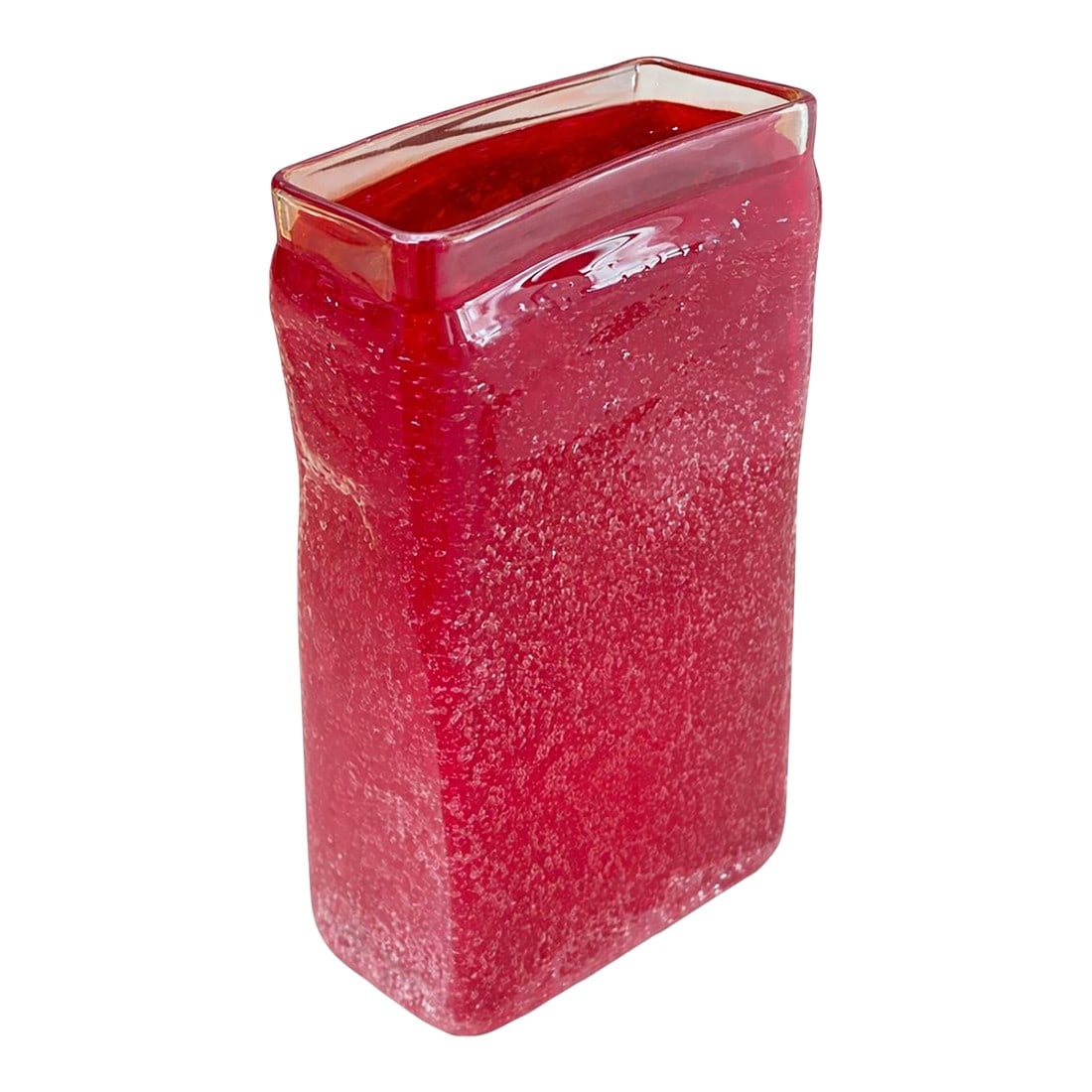 Vintage Ruby Controlled Bubble Studio Art Glass Vase, Sculptural Bud Vase, 7": A striking vintage ruby art glass vase featuring a dense controlled bubble field suspended within thick cased glass. The sculptural rectangular form glows beautifully under natural or lamplight, makin