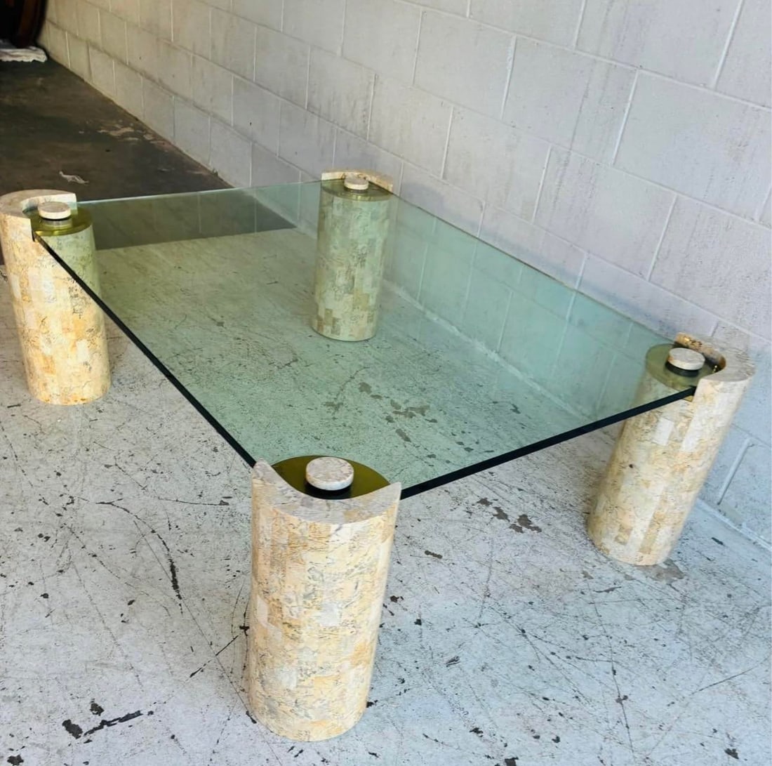 1980s Monumental Karl Springer "Sculpture" Coffee Table in Tessellated Stone & Brass - 2