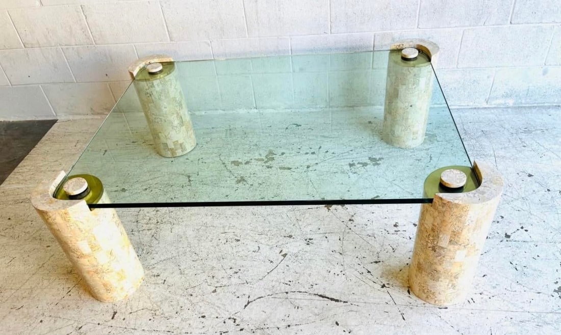 1980s Monumental Karl Springer "Sculpture" Coffee Table in Tessellated Stone & Brass - 9