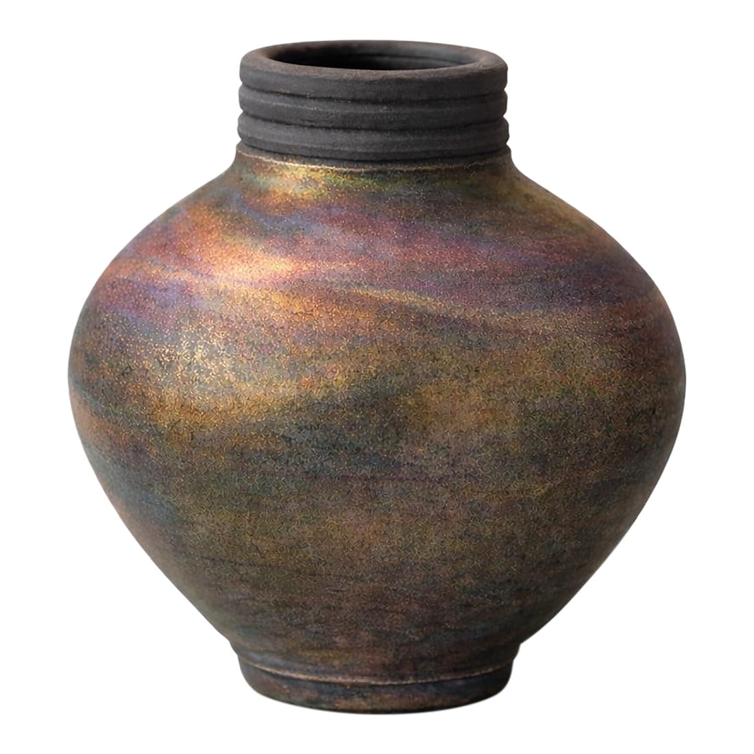 Signed Studio Art Pottery Vessel With Iridescent Reduction Glaze (Monogram Jw): Mobile-Ready Description A beautifully handcrafted studio pottery vessel featuring a luminous iridescent reduction glaze that shifts between bronze, olive, and subtle violet tones. Signed with a