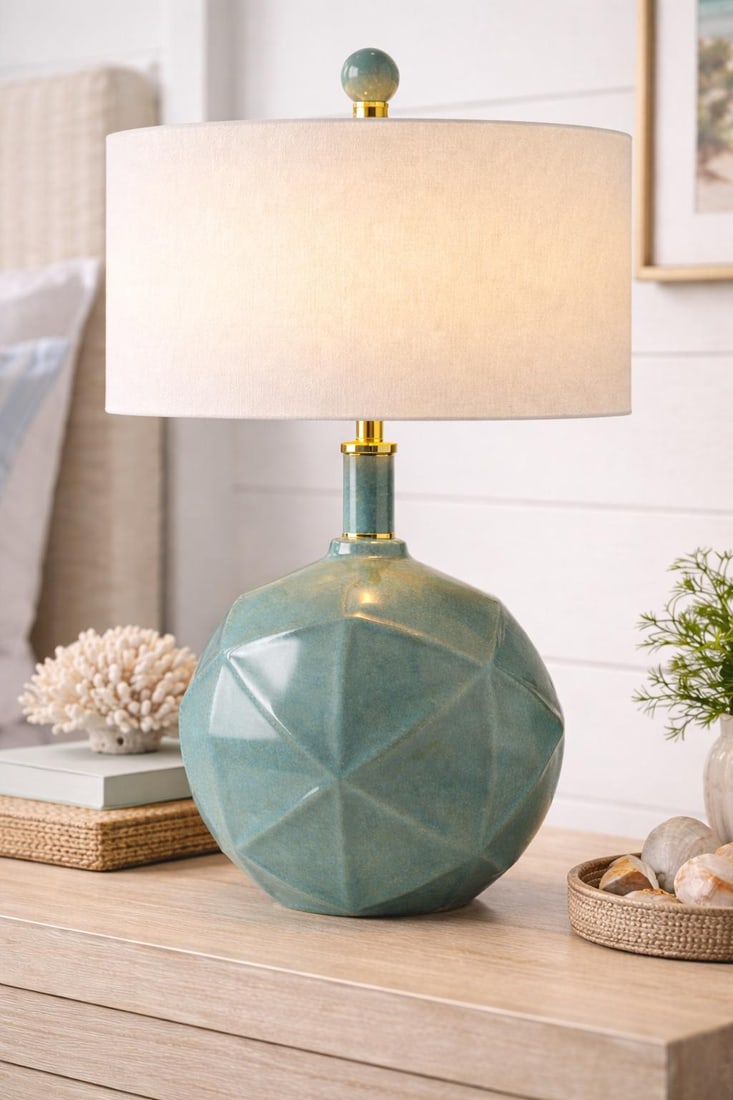Coastal Modern Faceted Ceramic Table Lamp in Sea Glass Glaze With Brass Accents - 4