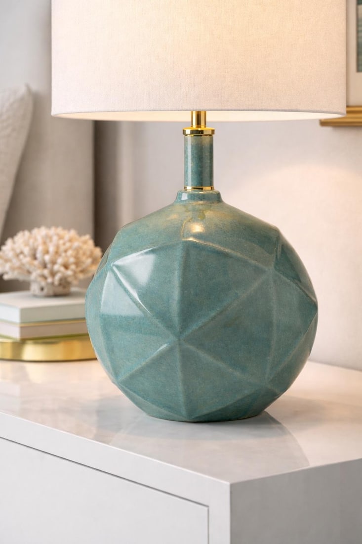 Coastal Modern Faceted Ceramic Table Lamp in Sea Glass Glaze With Brass Accents - 7