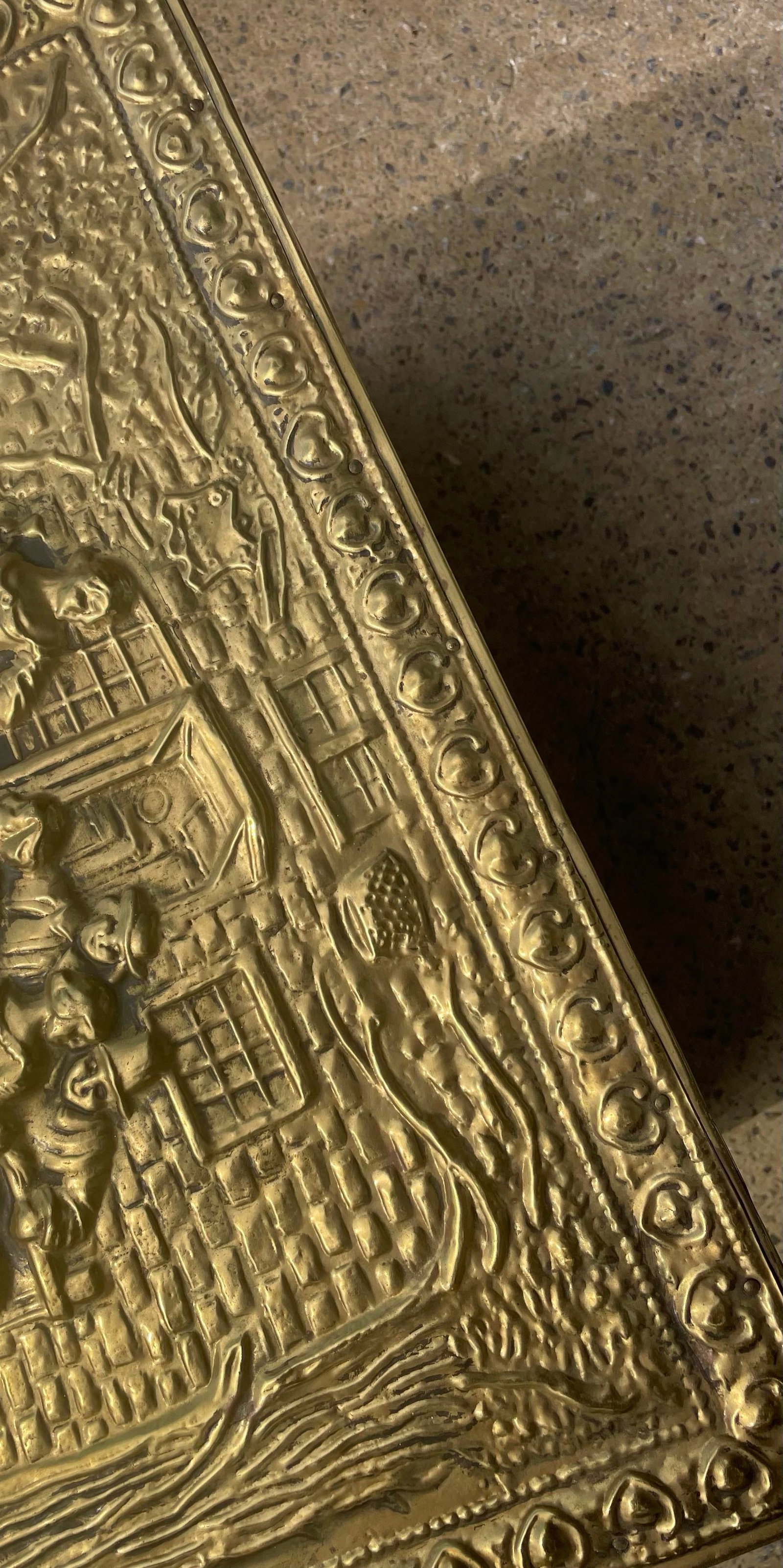 Mid 20th Century Pressed Embossed Brass Firewood Coal Kindling Box Fireside Tavern Scene - 12