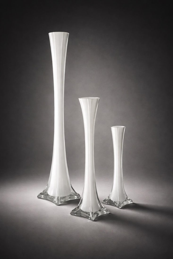 Graduated Sculptural Opaline Cased Art Glass Trumpet Vases – Set of Three (27.5", 15.5", 12.25 - 2