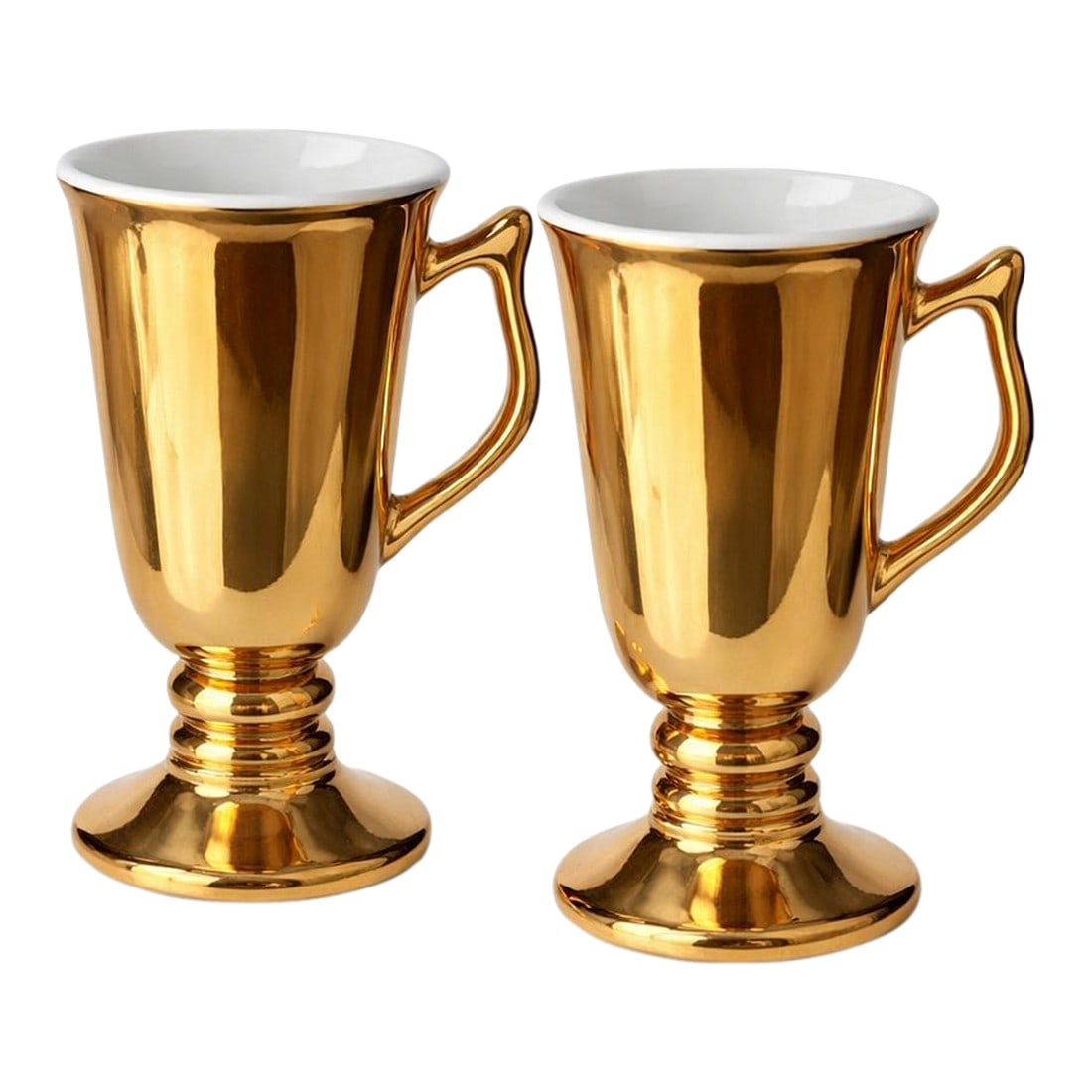 Vintage Mid-Century Hall China Gold Luster Pedestal Irish Coffee Mugs "” Pair, Model 1273: A striking pair of vintage Hall China gold luster pedestal coffee mugs, model 1273, made in the USA. With their elegant goblet-style form and brilliant reflective glaze, these mid-century mugs were