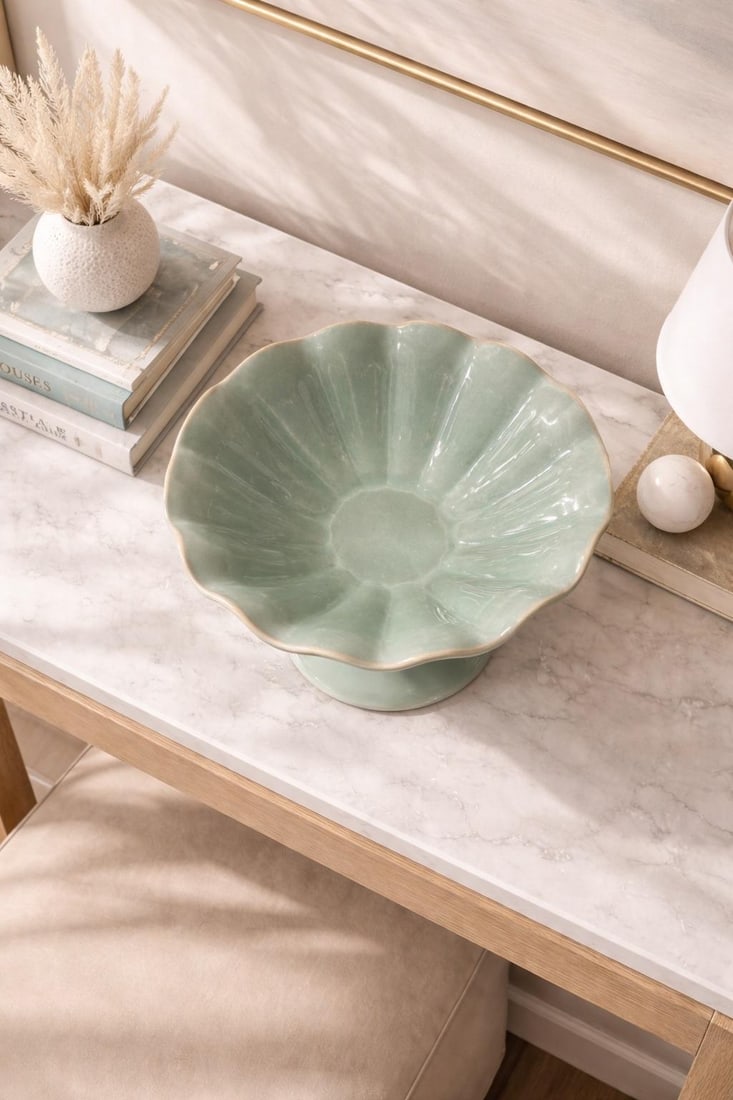 Vintage Mid-Century Celadon Scalloped Pedestal Compote Bowl "” Console Centerpiece - 3