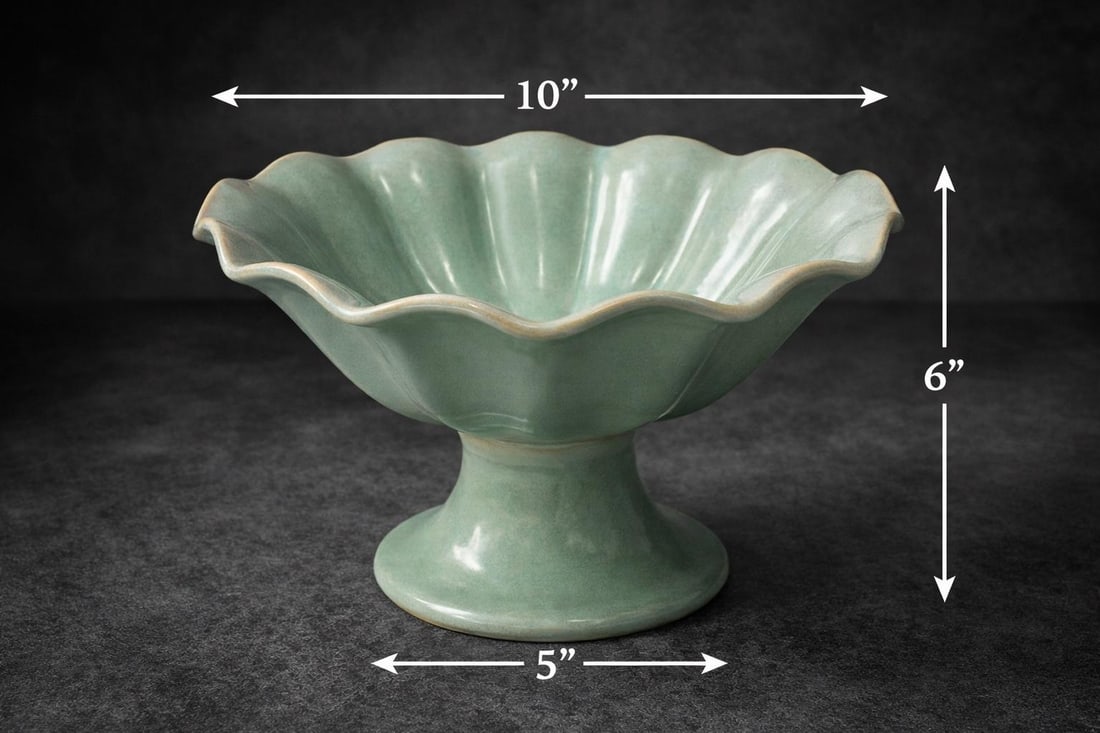 Vintage Mid-Century Celadon Scalloped Pedestal Compote Bowl "” Console Centerpiece - 8