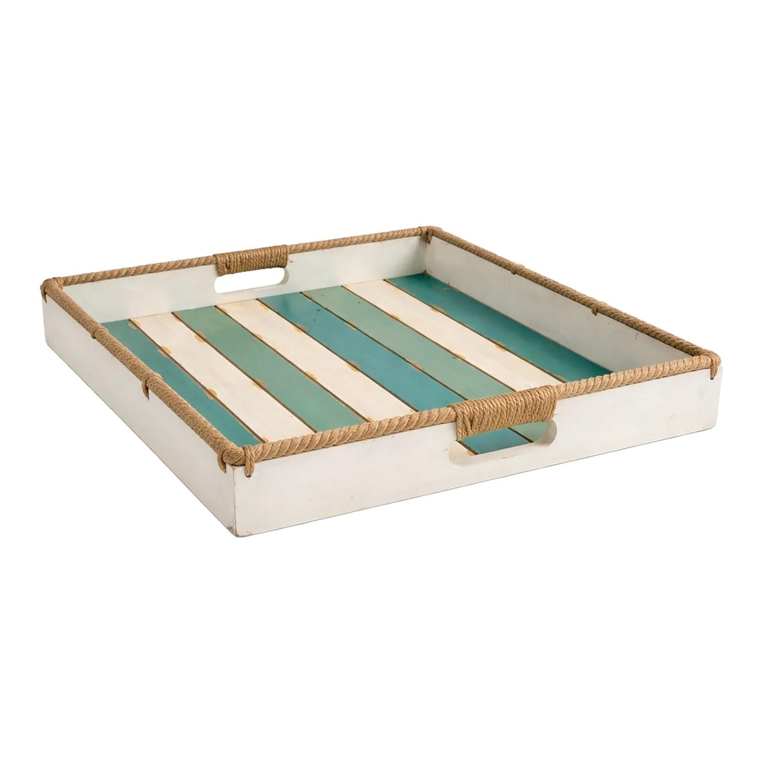 Large Coastal Rope-Handled Ottoman Tray – Weathered Beach House Wood Serving Tray, 19" Square: A charming coastal-style wooden serving tray featuring rope-wrapped handles and a slatted base in soft sea-green and weathered white tones. Perfect for entertaining, coffee table styling, or use as