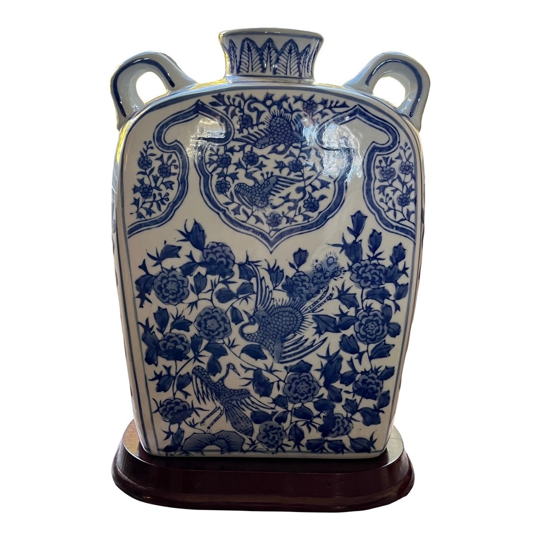Vintage 10.5" Chinoiserie Blue & White Phoenix Moon Flask With Stand: Elevate your collection with this classic Chinese blue and white "Moon Flask" (Pilgrim Flask) vase. Standing 10.5 inches tall including its custom-carved dark wood base, this piece features the