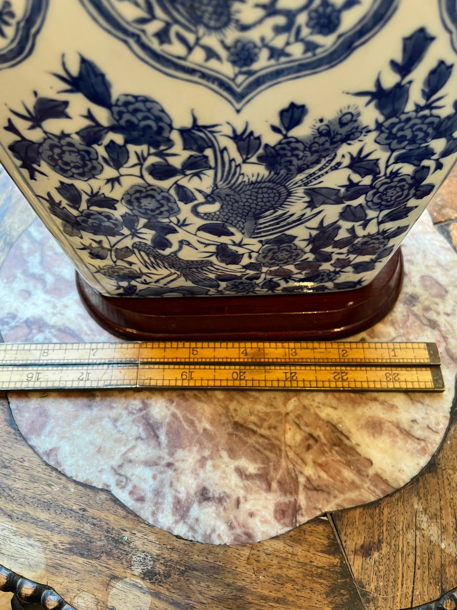 Vintage 10.5" Chinoiserie Blue & White Phoenix Moon Flask With Stand - 3