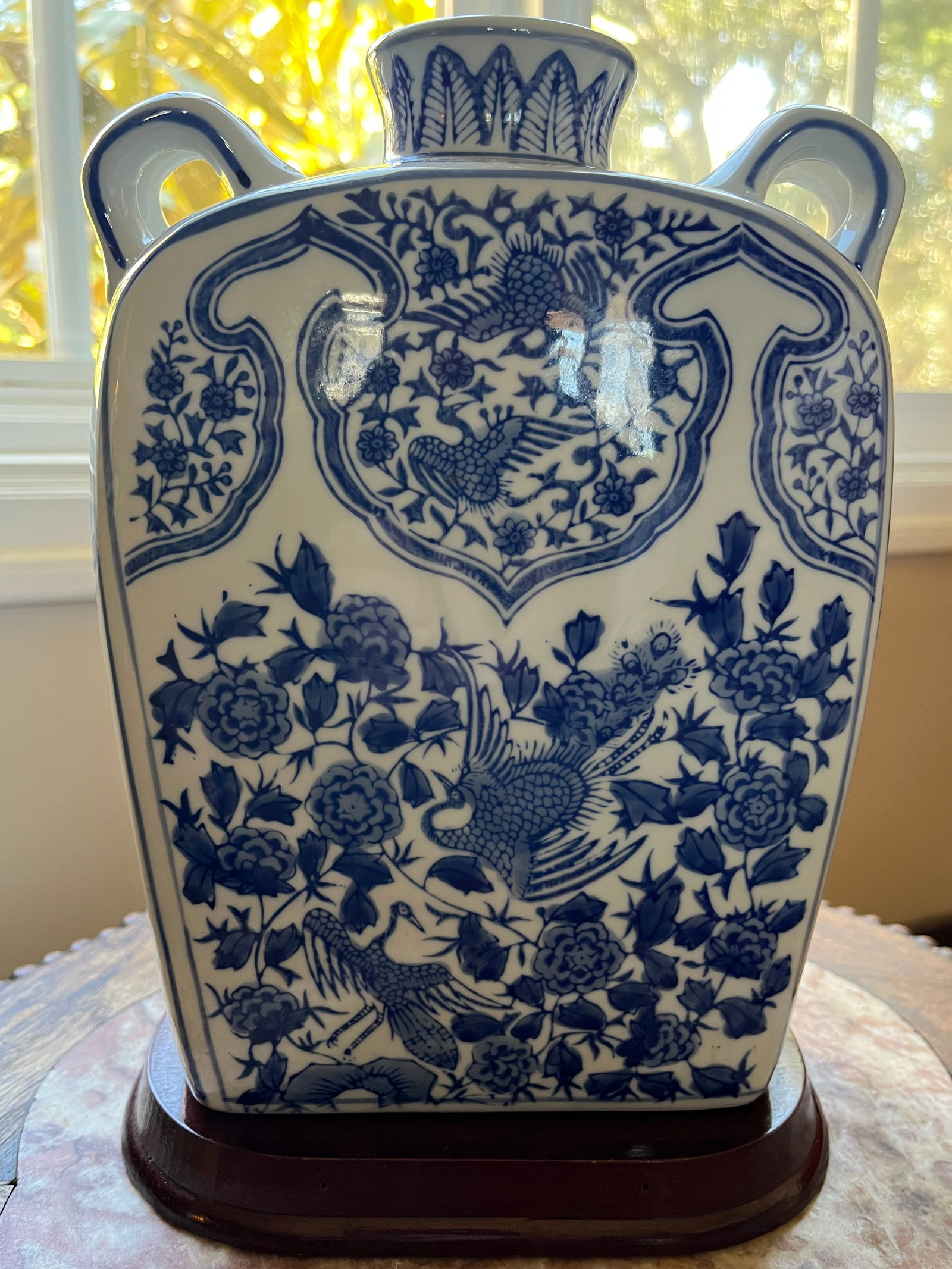 Vintage 10.5" Chinoiserie Blue & White Phoenix Moon Flask With Stand - 5