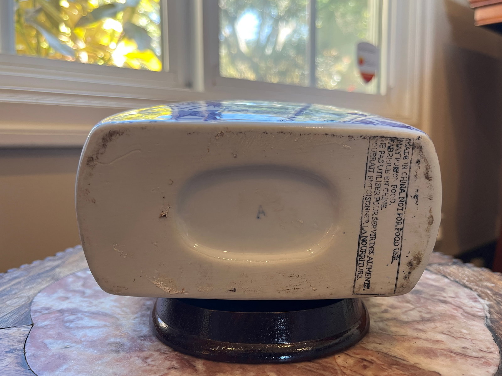 Vintage 10.5" Chinoiserie Blue & White Phoenix Moon Flask With Stand - 8