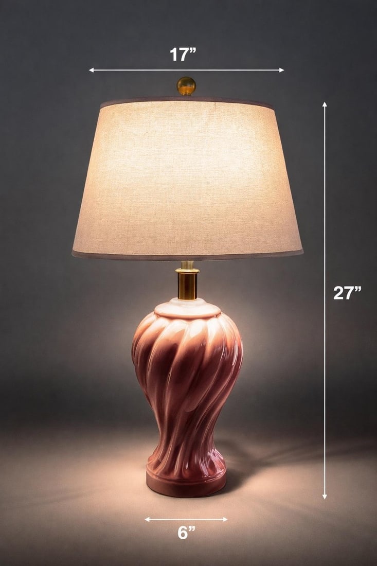 Vintage Hollywood Regency Pink Spiral Ceramic Table Lamp With Linen Shade - 2