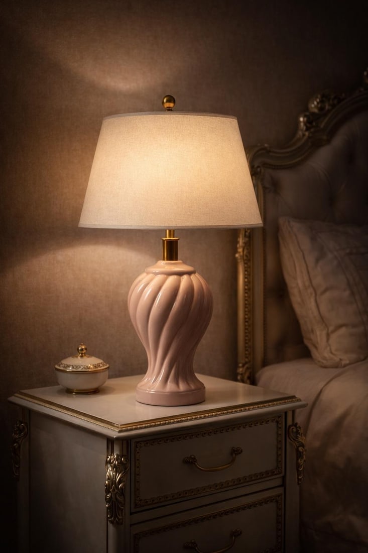 Vintage Hollywood Regency Pink Spiral Ceramic Table Lamp With Linen Shade - 7