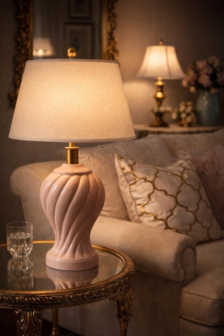 Vintage Hollywood Regency Pink Spiral Ceramic Table Lamp With Linen Shade - 8