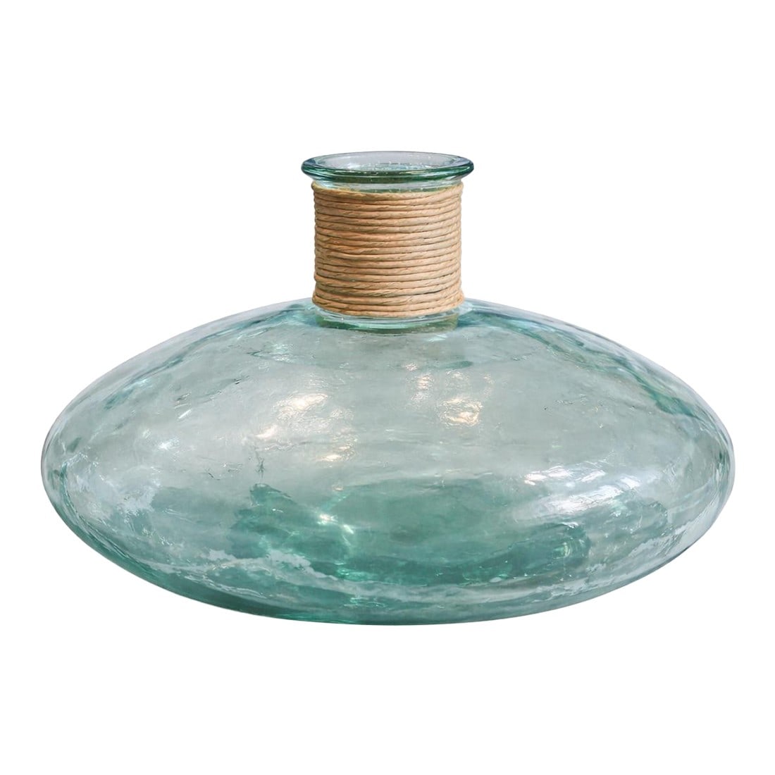 Large Aqua Recycled Glass Demijohn Vessel With Twine-Wrapped Neck – 17" Mediterranean Coastal: Mobile-Ready Blurb Large aqua recycled glass demijohn-style decorative vessel with a wide sculptural form and natural twine-wrapped neck. The softly hammered glass surface and sea-tinted color evoke