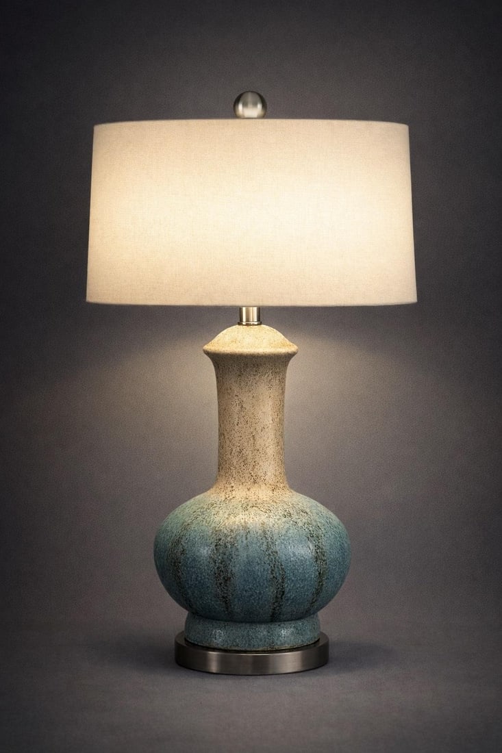 Late 20th Century Hand-Glazed Ceramic Table Lamp With Blue Reactive Glaze and Linen Drum Shade - 3