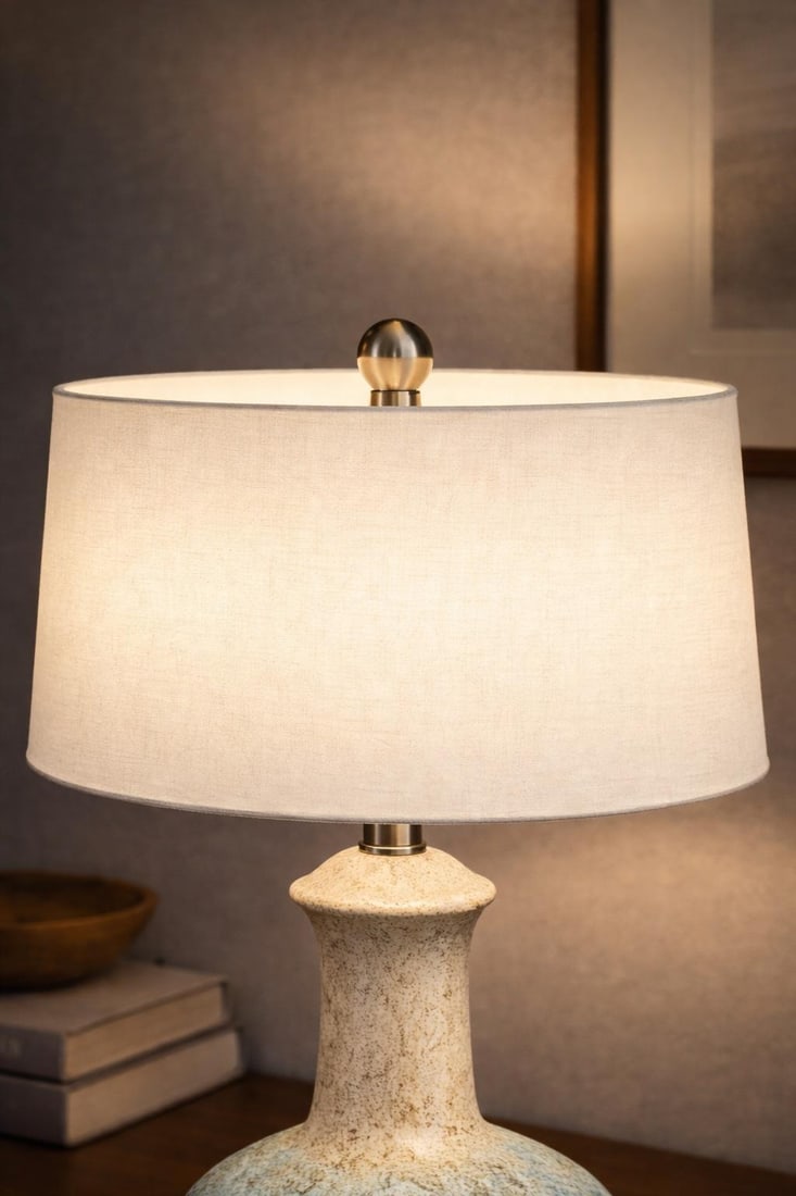 Late 20th Century Hand-Glazed Ceramic Table Lamp With Blue Reactive Glaze and Linen Drum Shade - 7