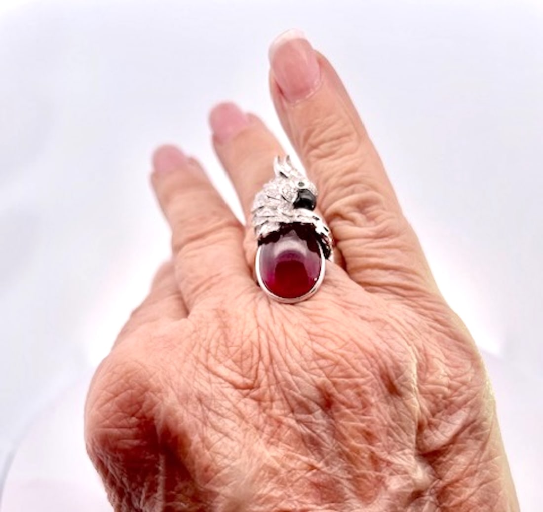 Large Oval Ruby Cabochon and Diamond Parrot Ring, Size 6.5 - 2