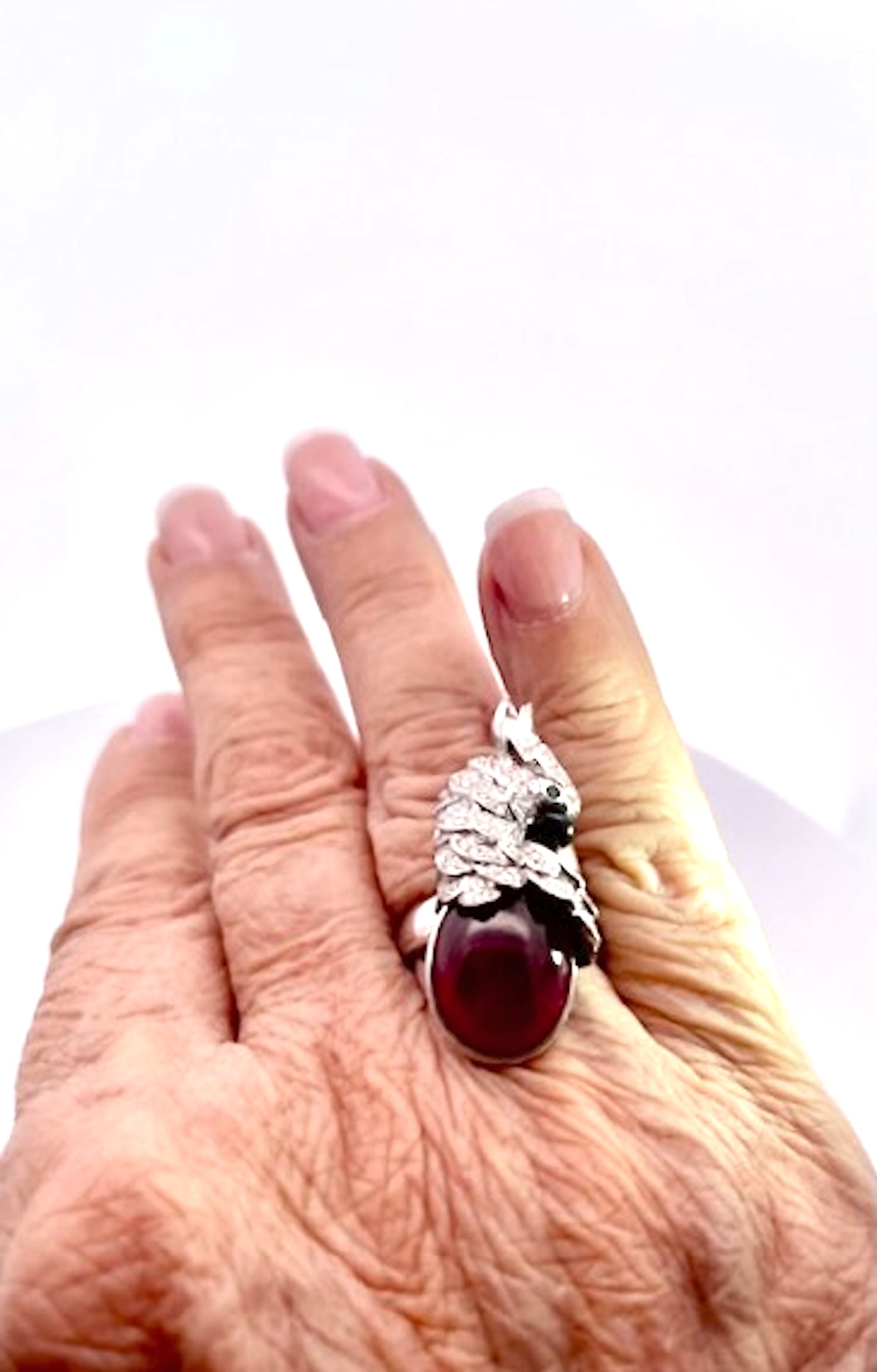 Large Oval Ruby Cabochon and Diamond Parrot Ring, Size 6.5 - 4