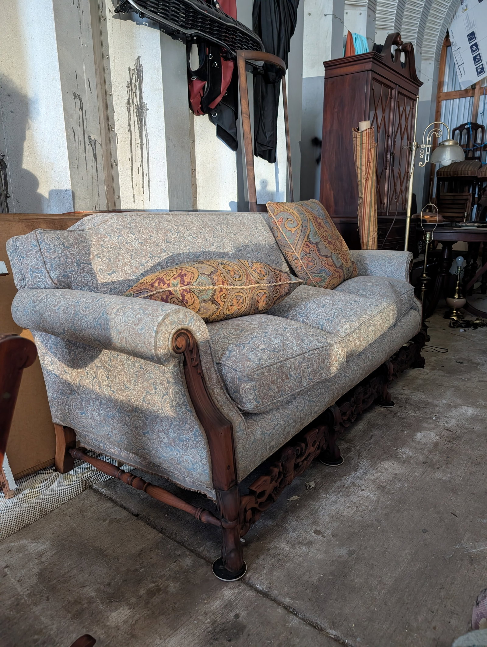 Vintage Victorian Revival Carved Wood Sofa With Paisley Upholstery - 15