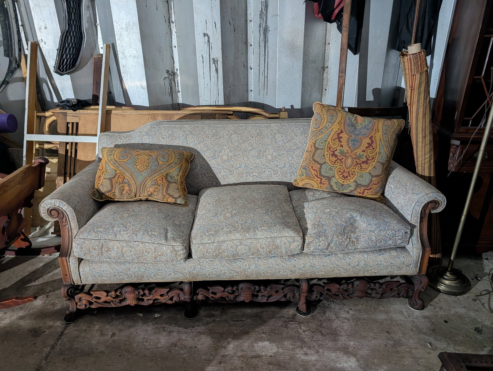 Vintage Victorian Revival Carved Wood Sofa With Paisley Upholstery - 7