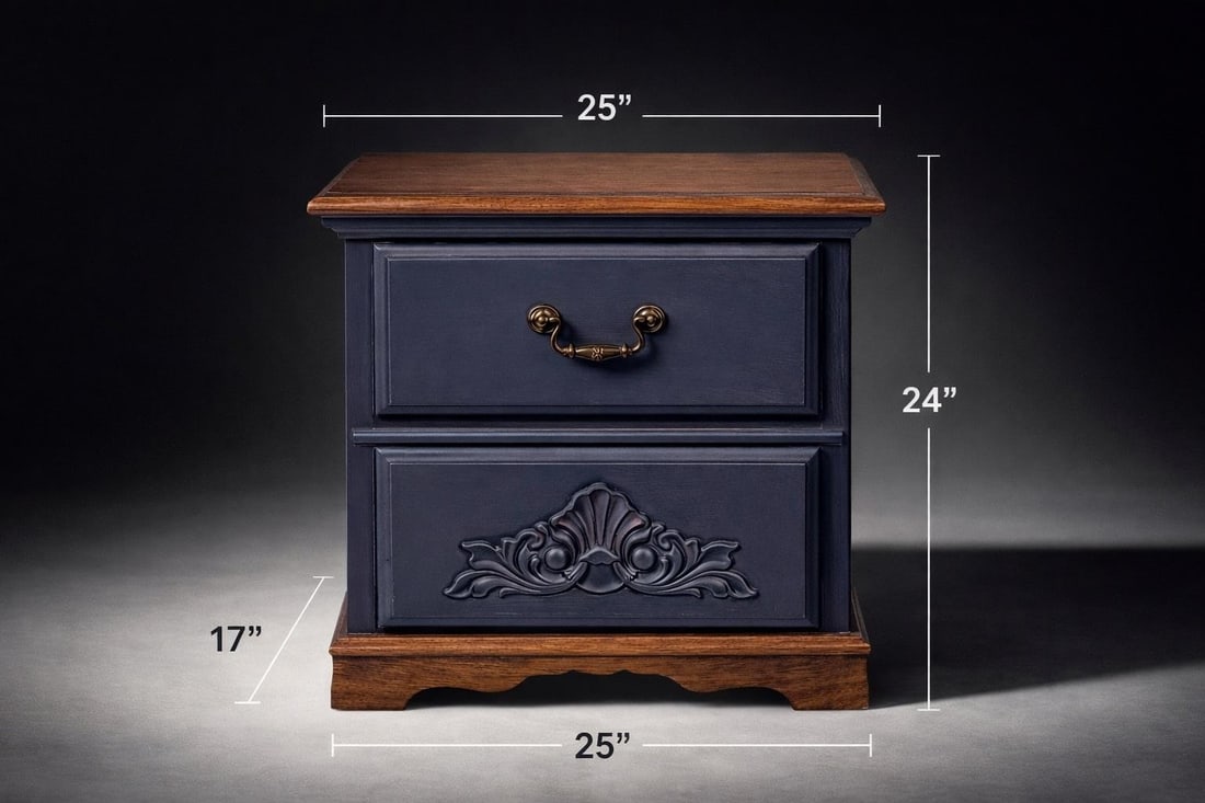 Late 20th Century Pair of Solid Wood Navy Blue Nightstands With Carved Shell Drawer & Walnut Tops - 2