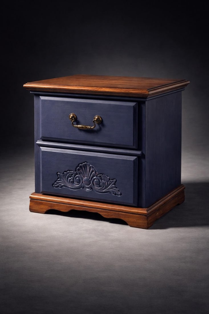 Late 20th Century Pair of Solid Wood Navy Blue Nightstands With Carved Shell Drawer & Walnut Tops - 3
