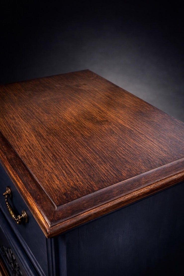 Late 20th Century Pair of Solid Wood Navy Blue Nightstands With Carved Shell Drawer & Walnut Tops - 4