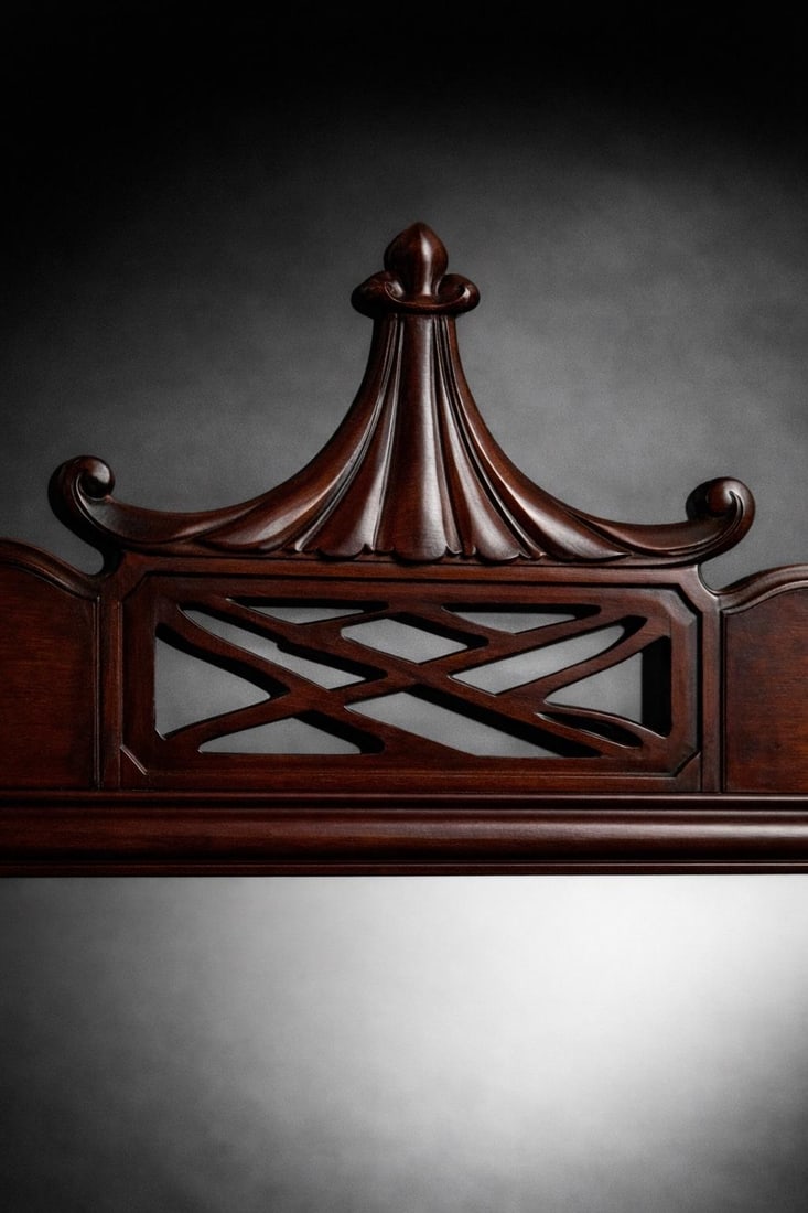 Vintage Chinoiserie Pagoda Crest Mahogany Wall Mirror With Fretwork Panel – Mid Century - 3