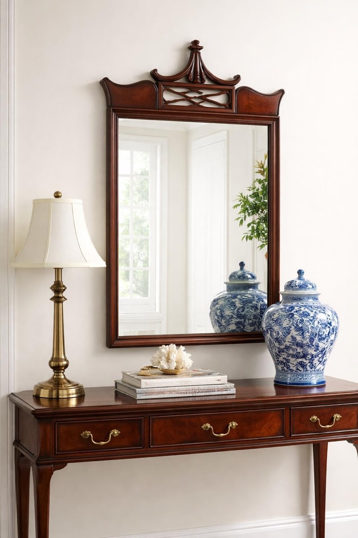 Vintage Chinoiserie Pagoda Crest Mahogany Wall Mirror With Fretwork Panel – Mid Century - 4