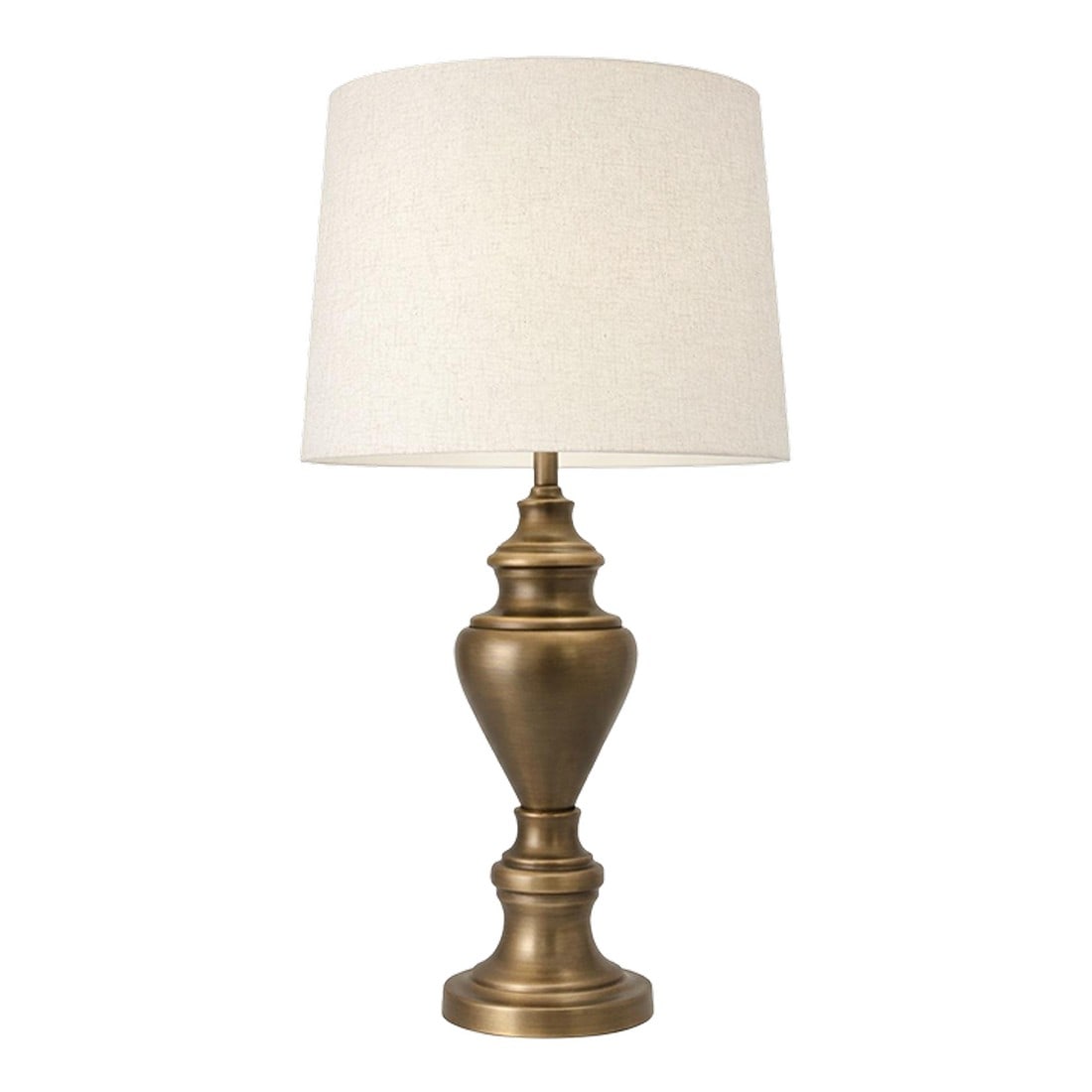 Vintage Antiqued Brass Urn Table Lamp With Linen Drum Shade – 28" Traditional Neoclassical: A classic antiqued brass urn table lamp with a large linen drum shade and elegant neoclassical silhouette. Warm brass tones and balanced proportions make this lamp perfect for consoles, bedside tables