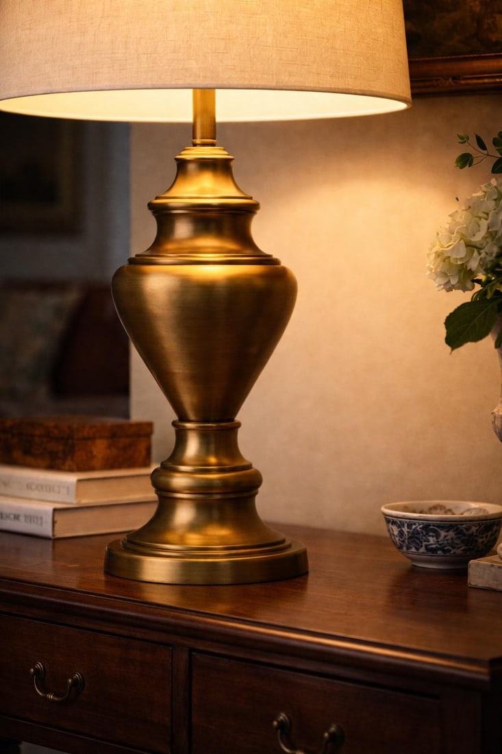 Vintage Antiqued Brass Urn Table Lamp With Linen Drum Shade – 28" Traditional Neoclassical - 7