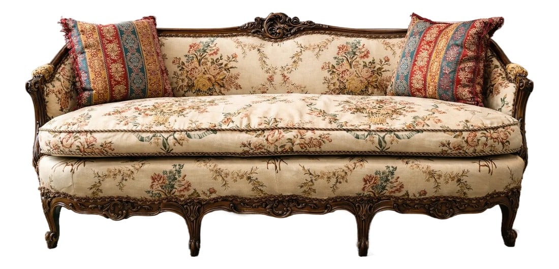 Mid 20th Century Louis XV Carved Walnut Settee | Newly Upholstered French Linen & Down Cushion | Pal: Elegant Louis XV style carved walnut sofa newly upholstered in luxurious French linen with a plush down-filled seat cushion. Measuring 75 inches wide, this beautifully proportioned piece features an i