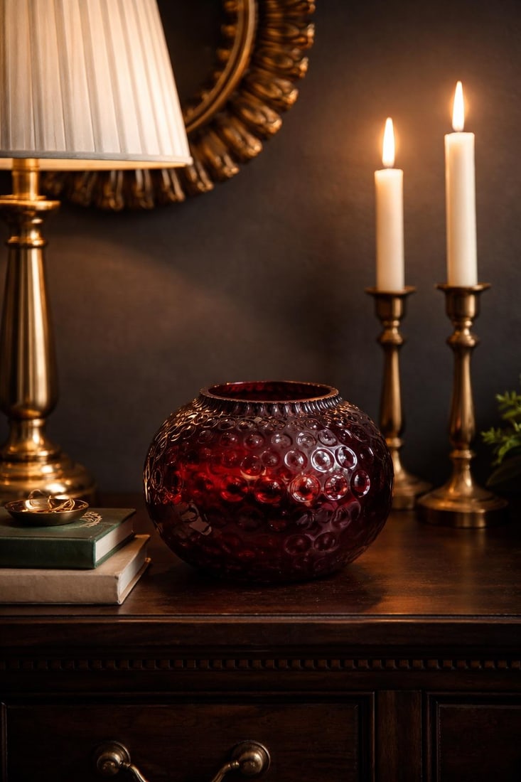 Cranberry Red Hobnail Art Glass Orb Vase - 5