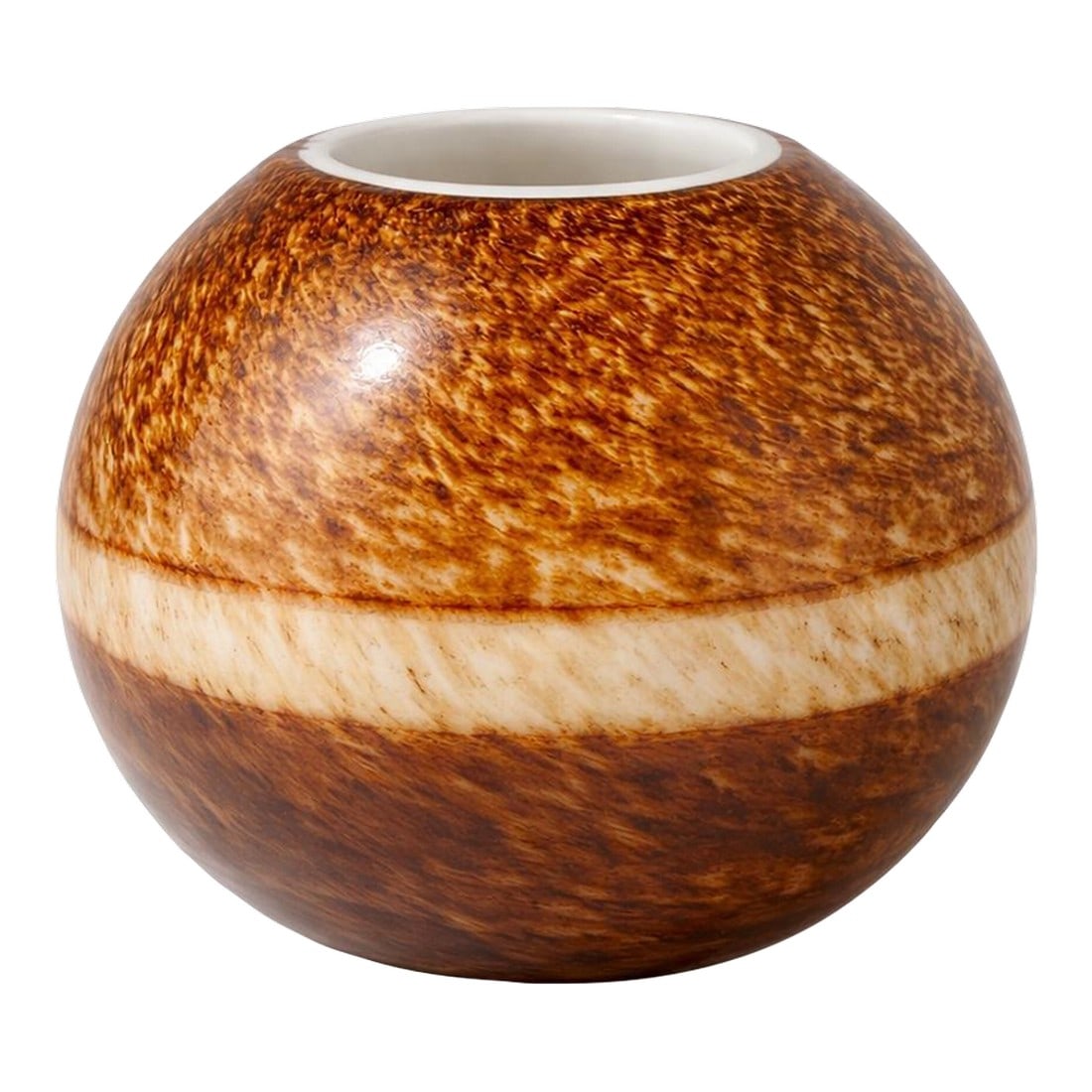 Studio Pottery Orb Vase With Tortoiseshell Glaze Band: Beautiful studio pottery orb vase featuring a rich tortoiseshell-style glaze with a contrasting cream band. The rounded sculptural form and warm earthy tones make this a striking decorative accent