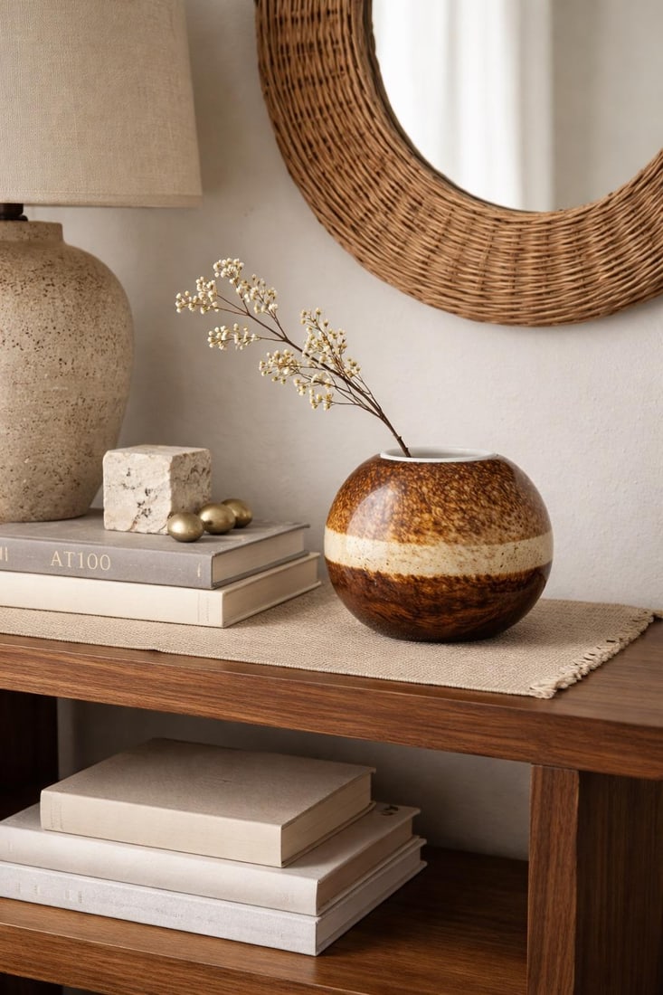 Studio Pottery Orb Vase With Tortoiseshell Glaze Band - 5