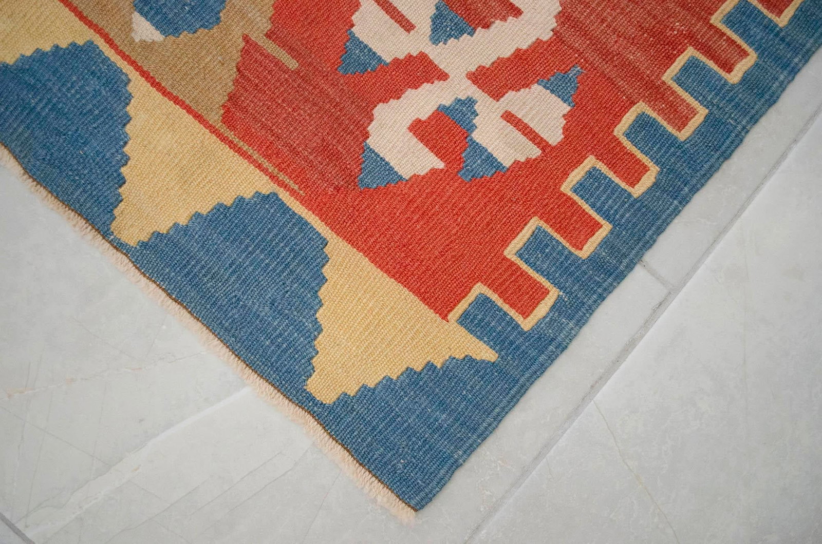 Flat Weave Kilim Rug, Vintage Oushak Rug Village Wool, Red Gold Blue Geometric, 3x4 Ft Approx - 10