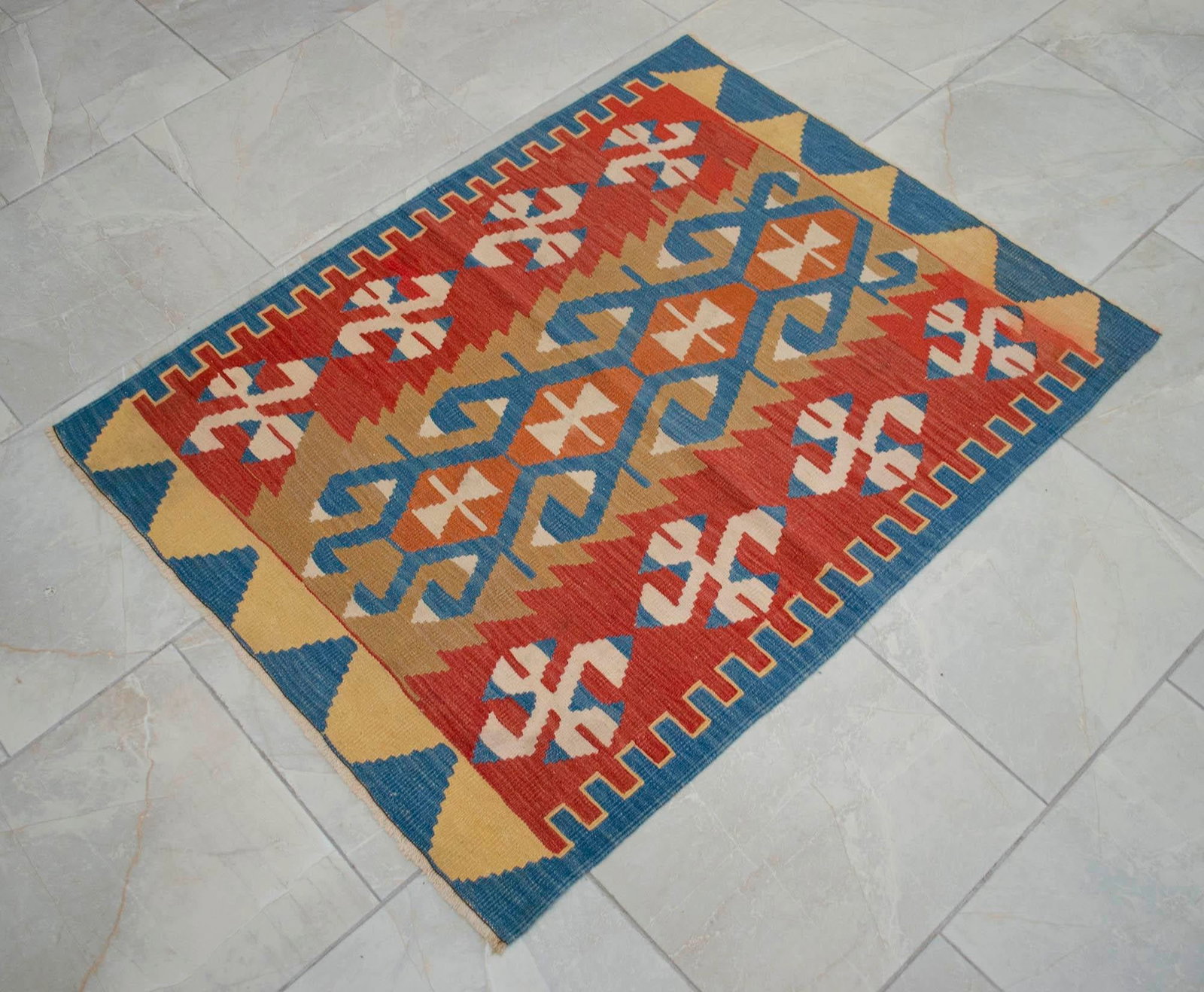 Flat Weave Kilim Rug, Vintage Oushak Rug Village Wool, Red Gold Blue Geometric, 3x4 Ft Approx - 13