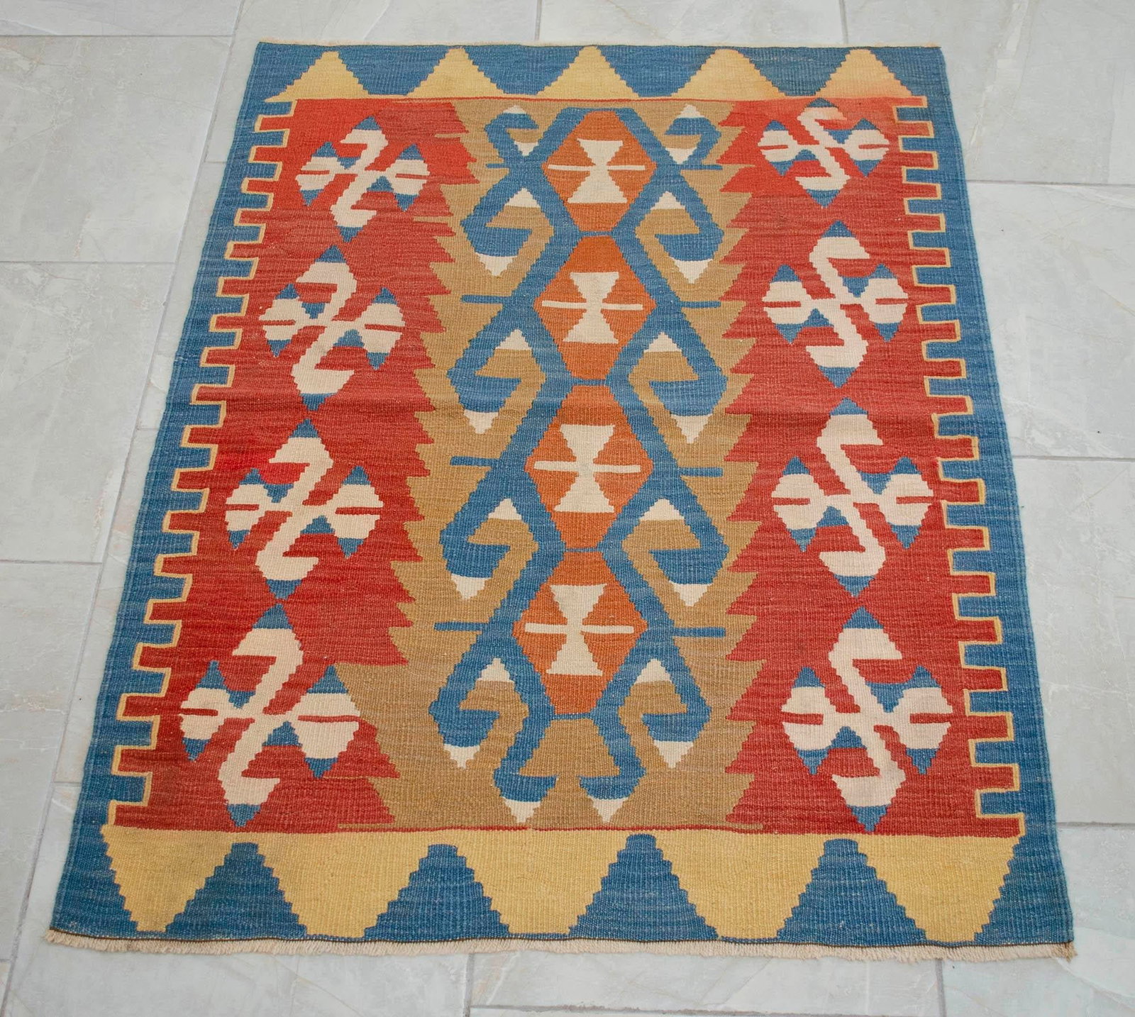 Flat Weave Kilim Rug, Vintage Oushak Rug Village Wool, Red Gold Blue Geometric, 3x4 Ft Approx - 14