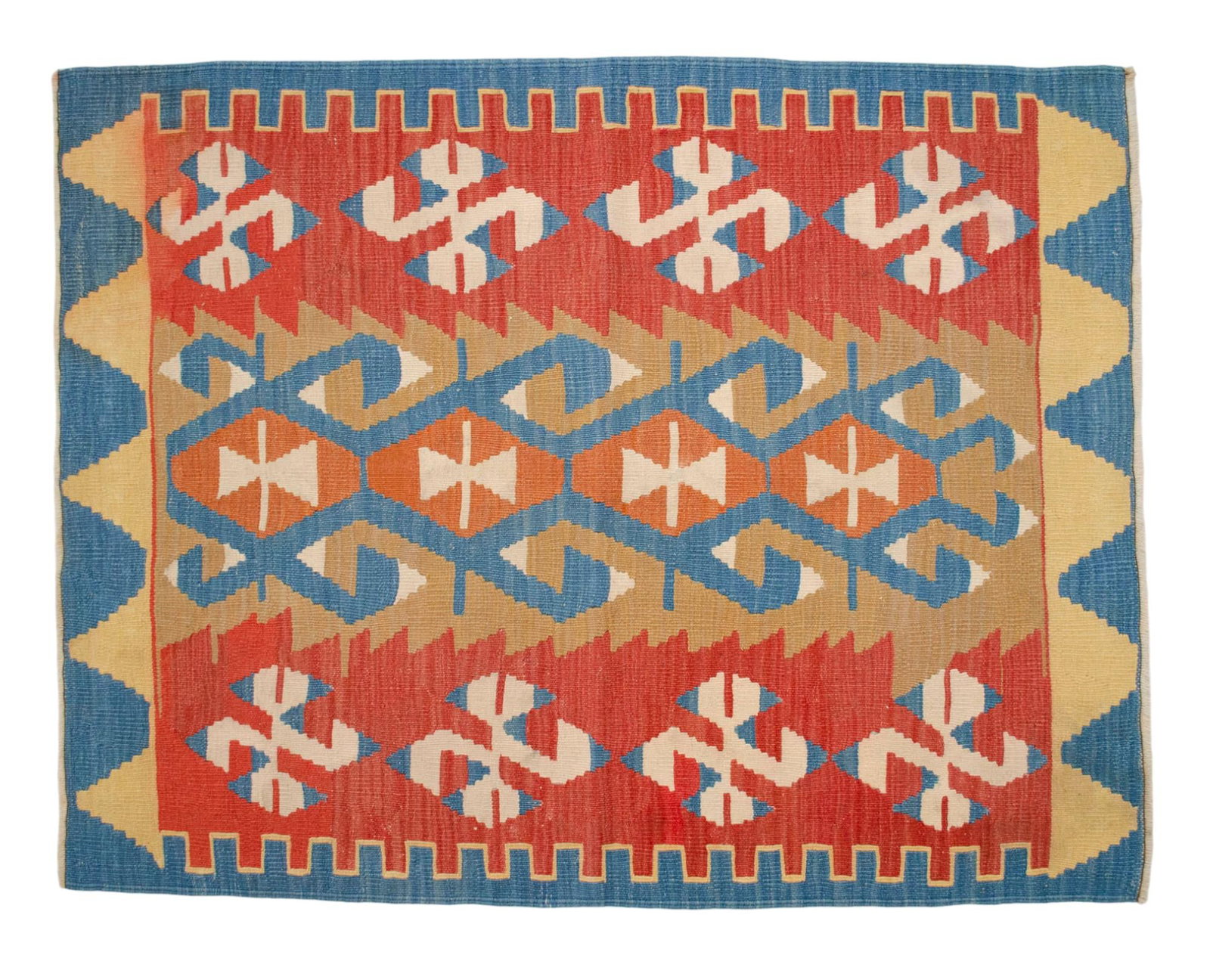 Flat Weave Kilim Rug, Vintage Oushak Rug Village Wool, Red Gold Blue Geometric, 3x4 Ft Approx - 6