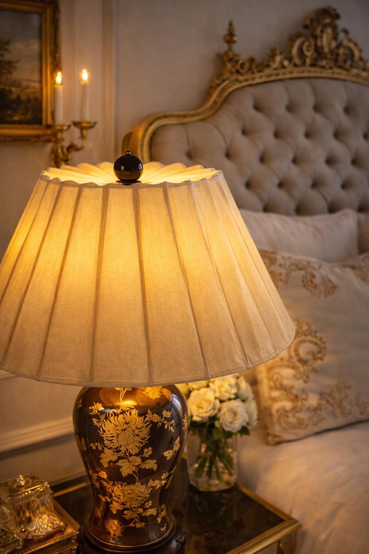 Vintage Chinoiserie Table Lamp With Gold Floral Motif, Brown Lacquered Glass Body and Original Pleat - 7