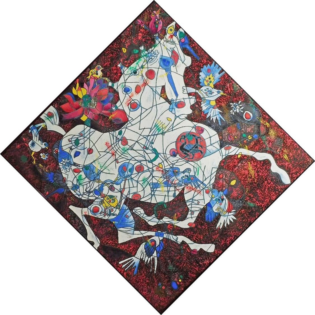 Tie Feng Jiang White Horse Pink on Canvas Hand Signed New Custom Framed - 2