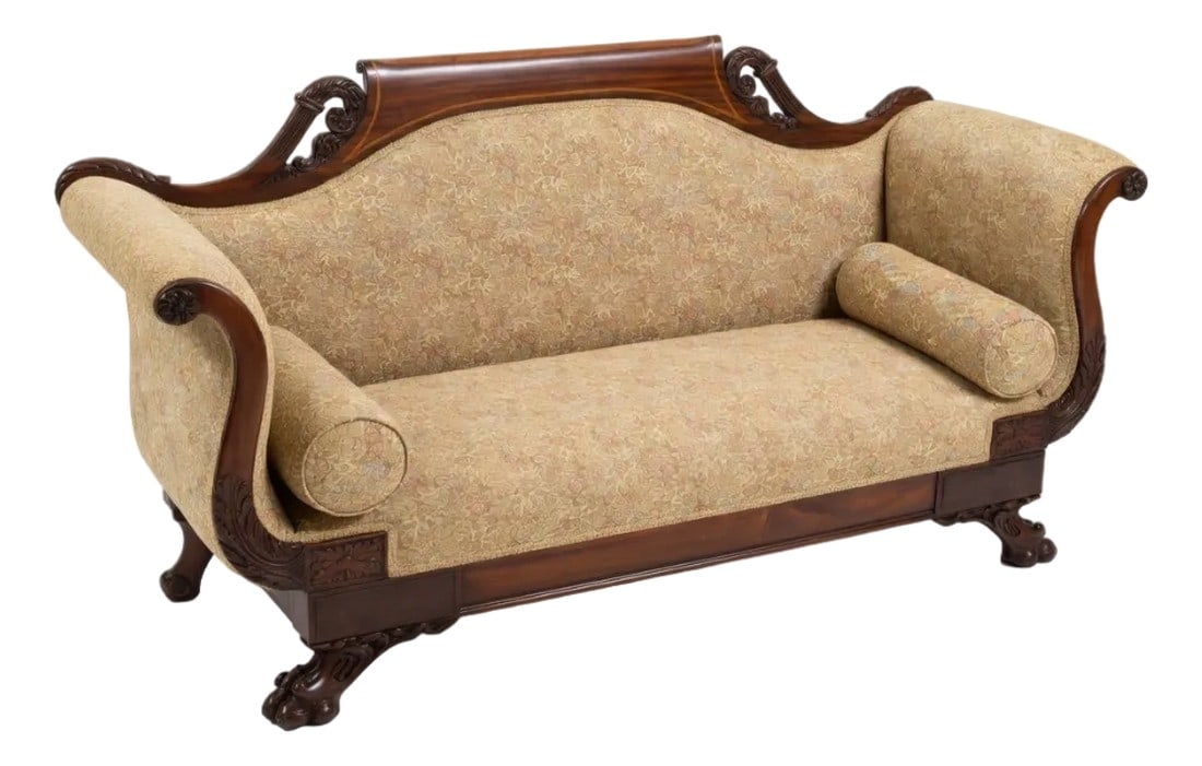 Antique American Empire Mahogany Settee With Scrolled Arms and Claw Feet: Elevate your parlor or living space with this exquisite antique American Empire settee, a timeless piece that blends classical elegance with comfortable seating for two. Crafted from rich mahogany
